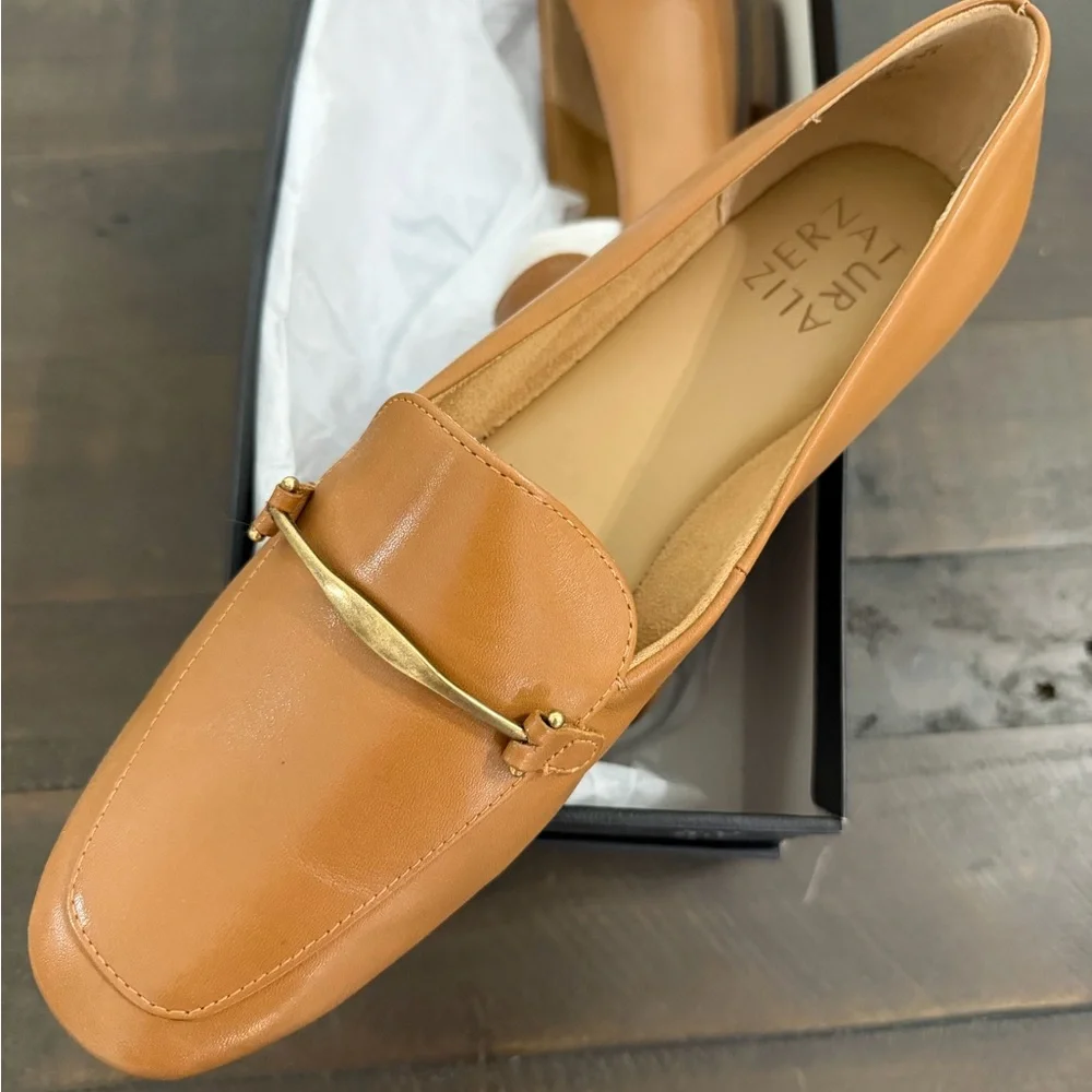 Naturalizer Tan Leather Slip-On Loafers with Gold Accent